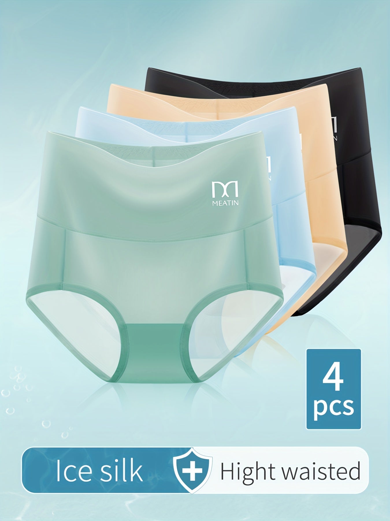 4pcs Ice Silk Women's Lingerie - Traceless, High Waist, Hollow Breathable Belly Closing Underwear