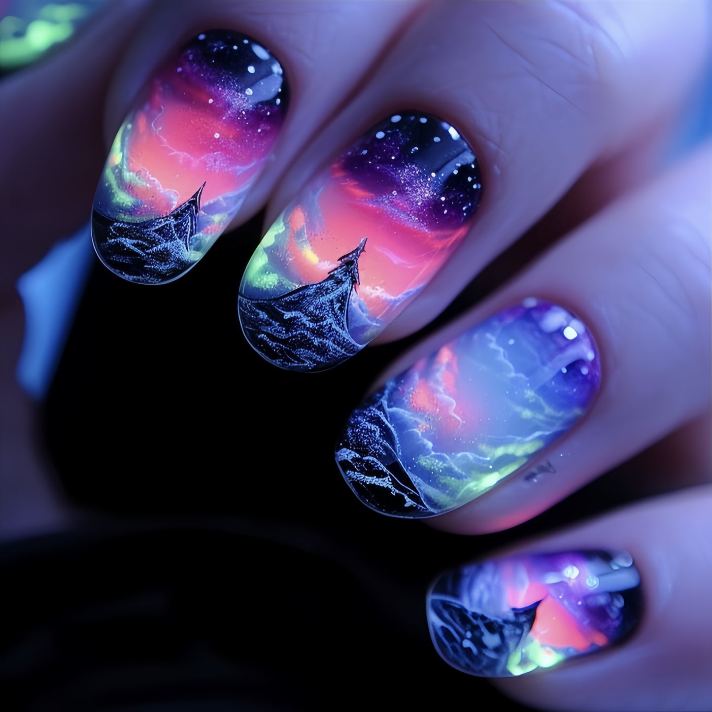 96pcs Press-On Nail Set - Blue Lightning & Aurora Clouds Design, Medium Ballet Shape, Glossy Finish - Includes Adhesive Tabs & Nail File