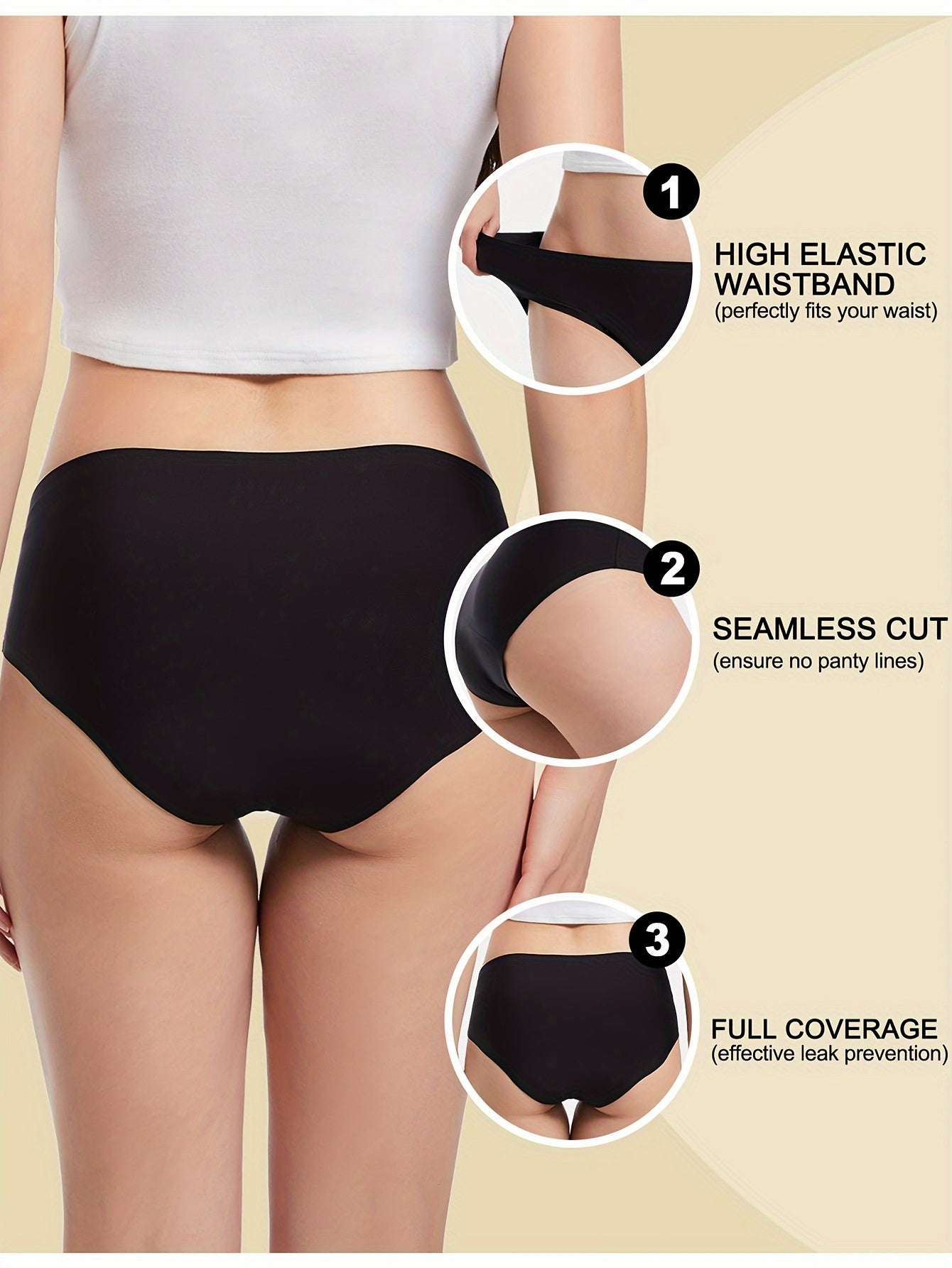 Pack de 3 bragas menstruales lisas sin costuras, de alta absorción, invisibles, a prueba de fugas, transpirables, cómodas, negras, con protección contra el flujo abundante.