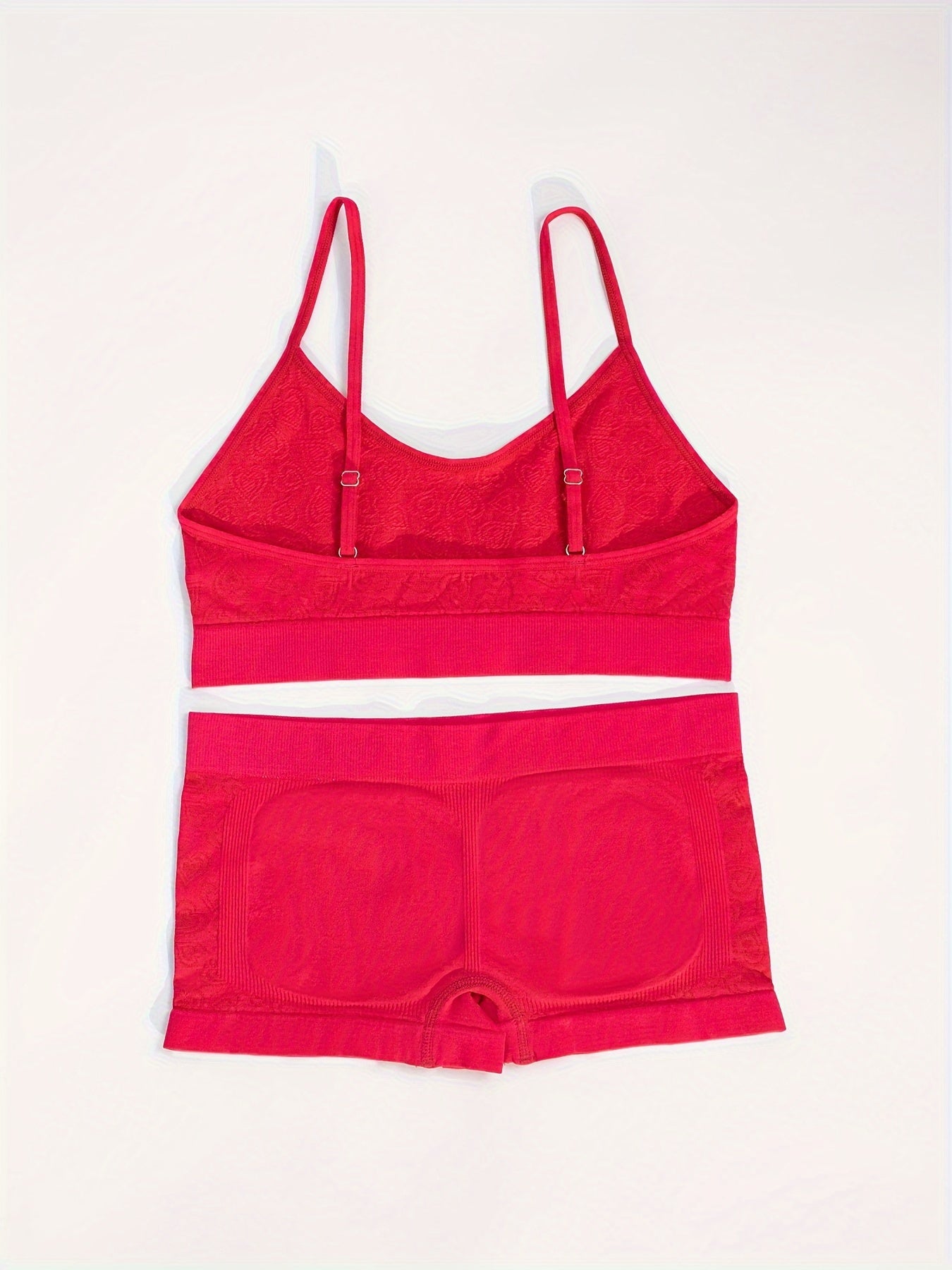 Women's Red Heart Pattern Knitwear Set - Spaghetti Strap Bra & Low-Rise Panties, Bohemian Style, Cotton Lining