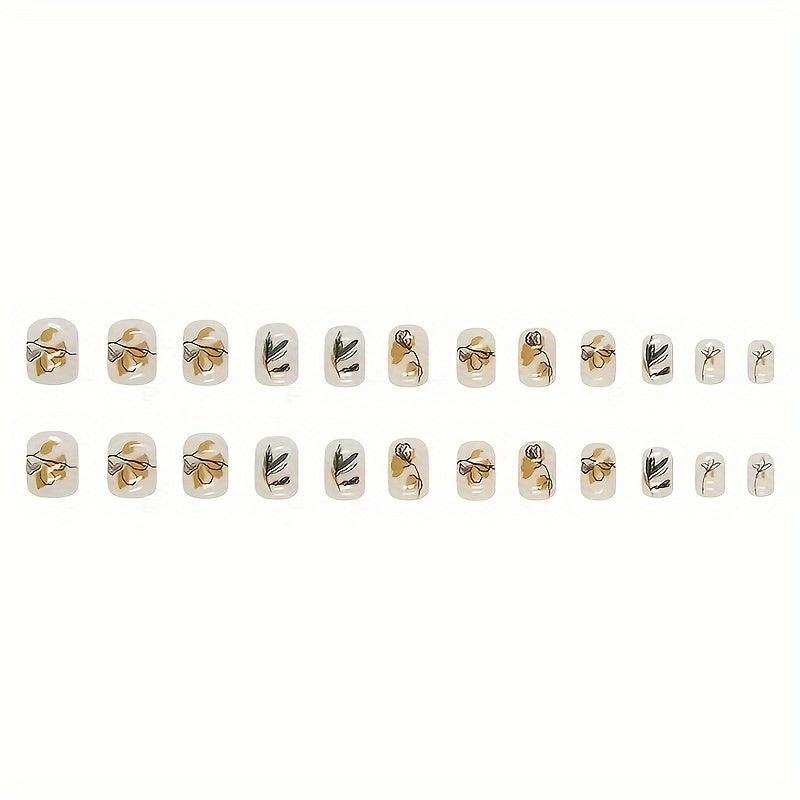 24-teiliges Set mit kurzen, quadratischen Aufklebenägeln mit Blattgold- und Blumenmotiven – glänzendes Finish, vollflächige künstliche Acrylnägel für Frauen und Mädchen, inklusive Nagelfeile – perfekt für den Alltag