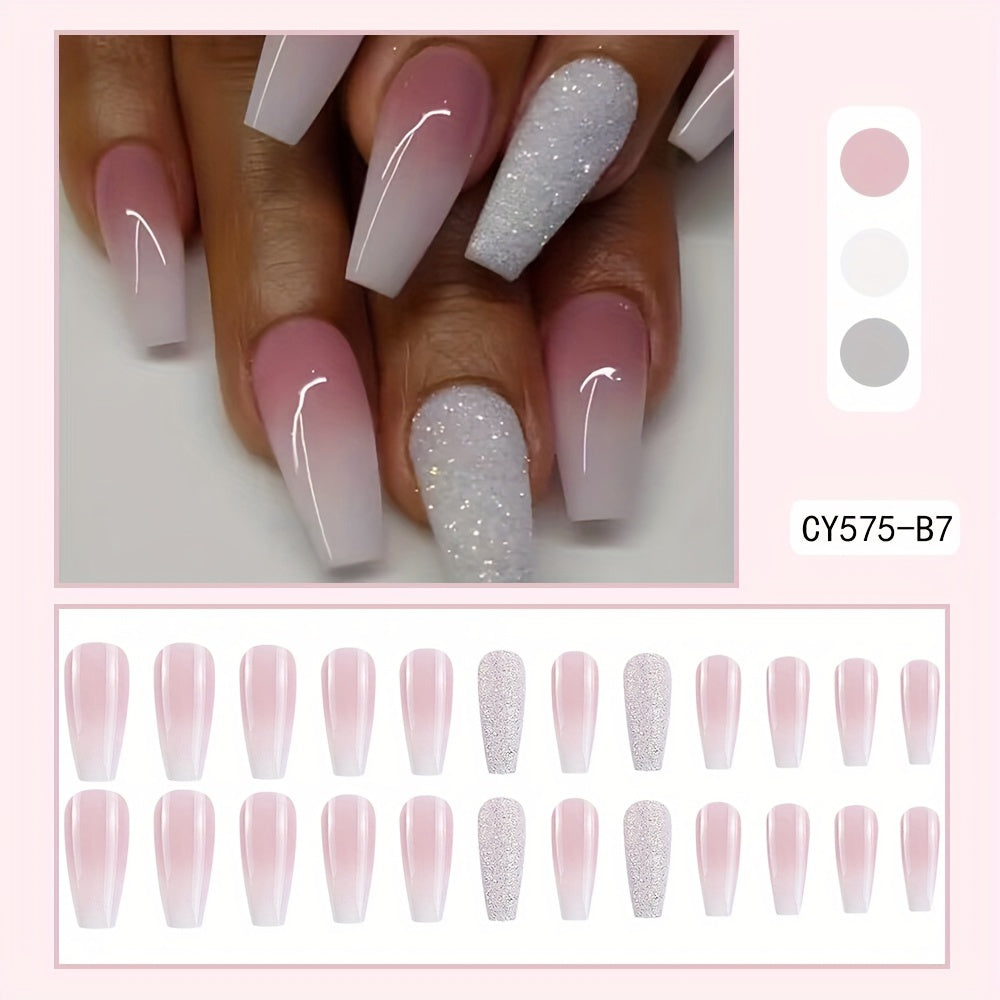 24 Pcs Glossy Long Coffin Press-On Nails - Gradient Pinkish & White French Style, Glitter, Reusable