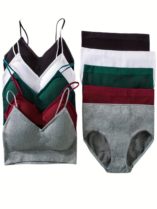 10 Pcs Women's Seamless Solid Bra & Panties Lingerie Set - Simple V Neck Bra & Elastic Panties