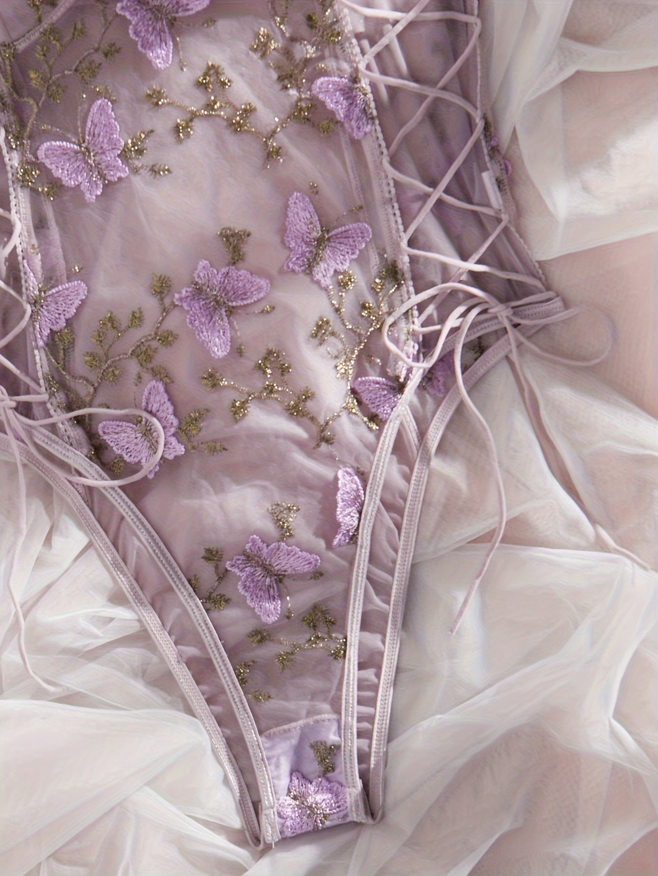 Hot Butterfly Embroidery Mesh Teddy - Women's Sexy Lace Up Plunging Backless Bodysuit Underwear