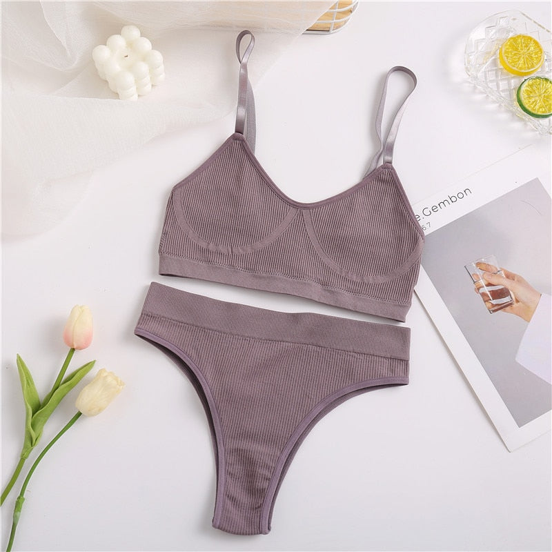 Seamless Tank Top and Panty Set for Women - Soft Bralette Lingerie with Wireless Crop Top and Low-rise Underpants