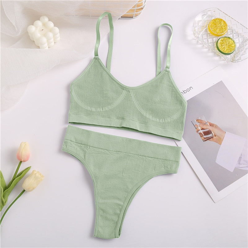 Seamless Tank Top and Panty Set for Women - Soft Bralette Lingerie with Wireless Crop Top and Low-rise Underpants