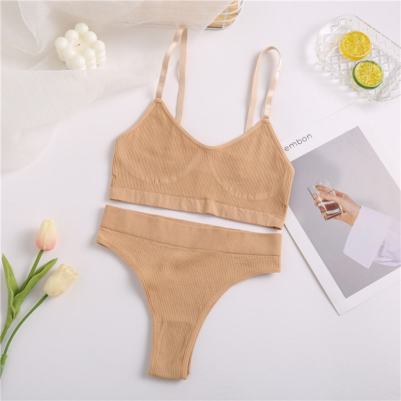 Seamless Tank Top and Panty Set for Women - Soft Bralette Lingerie with Wireless Crop Top and Low-rise Underpants