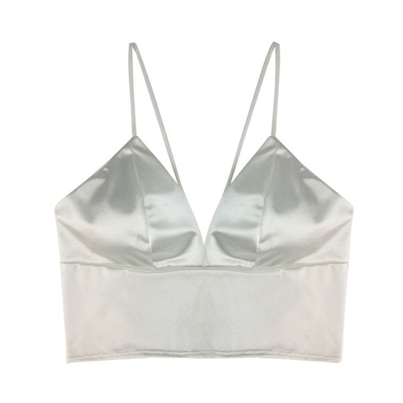 Tops cortos de satén sexys para mujer, bralette sin aros, top de crochet, camiseta femenina con tirantes finos, camisola corta con relleno en el pecho