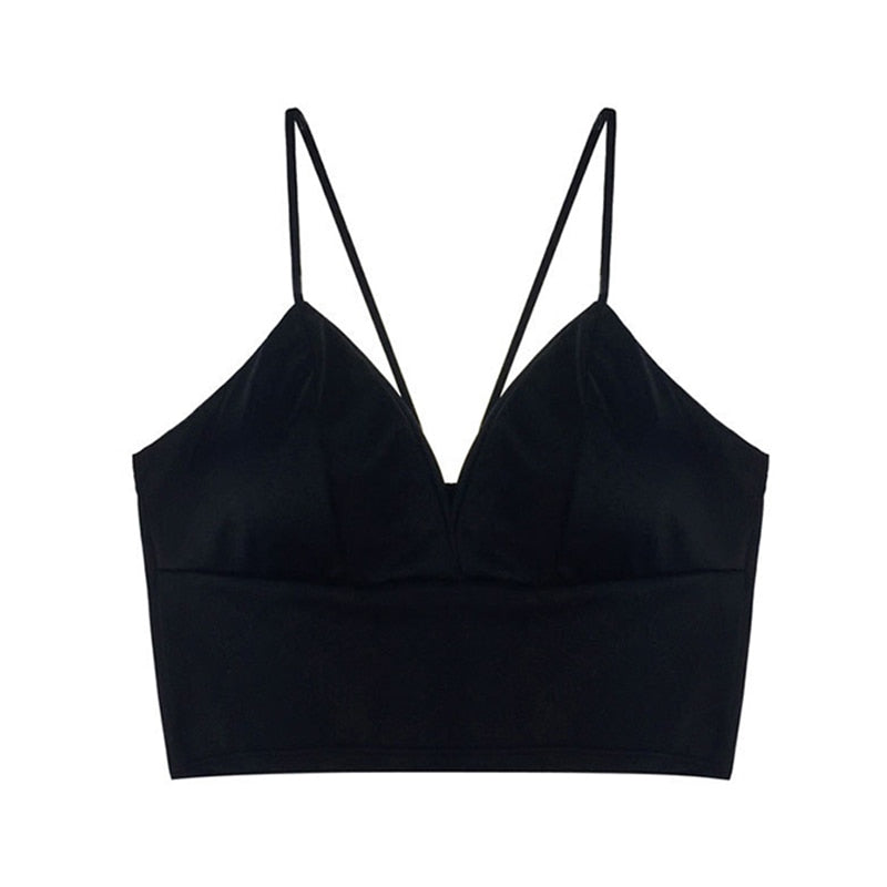 Tops cortos de satén sexys para mujer, bralette sin aros, top de crochet, camiseta femenina con tirantes finos, camisola corta con relleno en el pecho