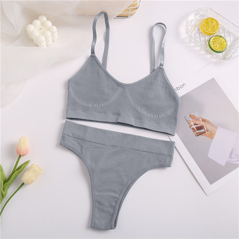 Seamless Tank Top and Panty Set for Women - Soft Bralette Lingerie with Wireless Crop Top and Low-rise Underpants