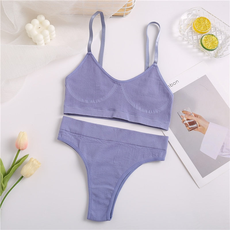 Seamless Tank Top and Panty Set for Women - Soft Bralette Lingerie with Wireless Crop Top and Low-rise Underpants