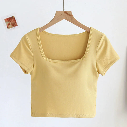 Free shipping! Women's Bra T-Shirts Cropped Tops Tees Square Neck Short Sleeve Sexy Casual Korean - 2024 Collection