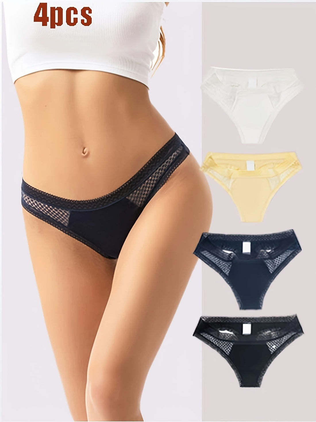 Sexy Thongs: 4PCS Lace Trim Low Waist Panties