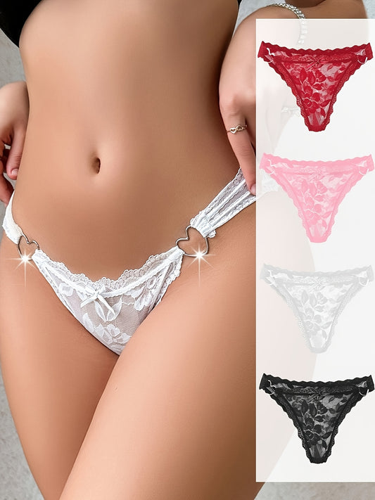 4-teilige Spitzenstrings für Damen mit Herz-Design – sexy, bequeme Höschen mit niedriger Taille