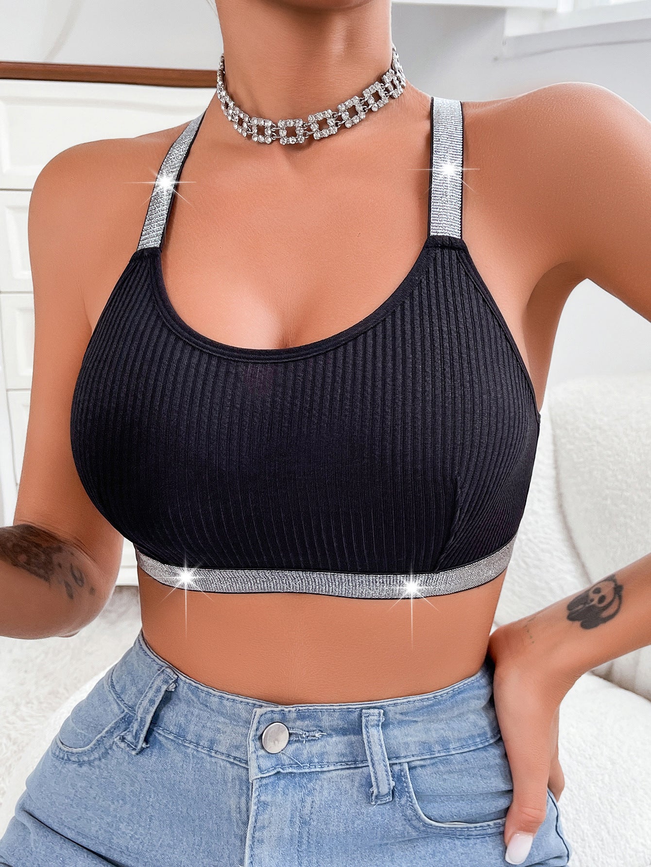 Women's Y-Back Push-Up Bra: Side Support, Outerwear Style with Silver Ribbon