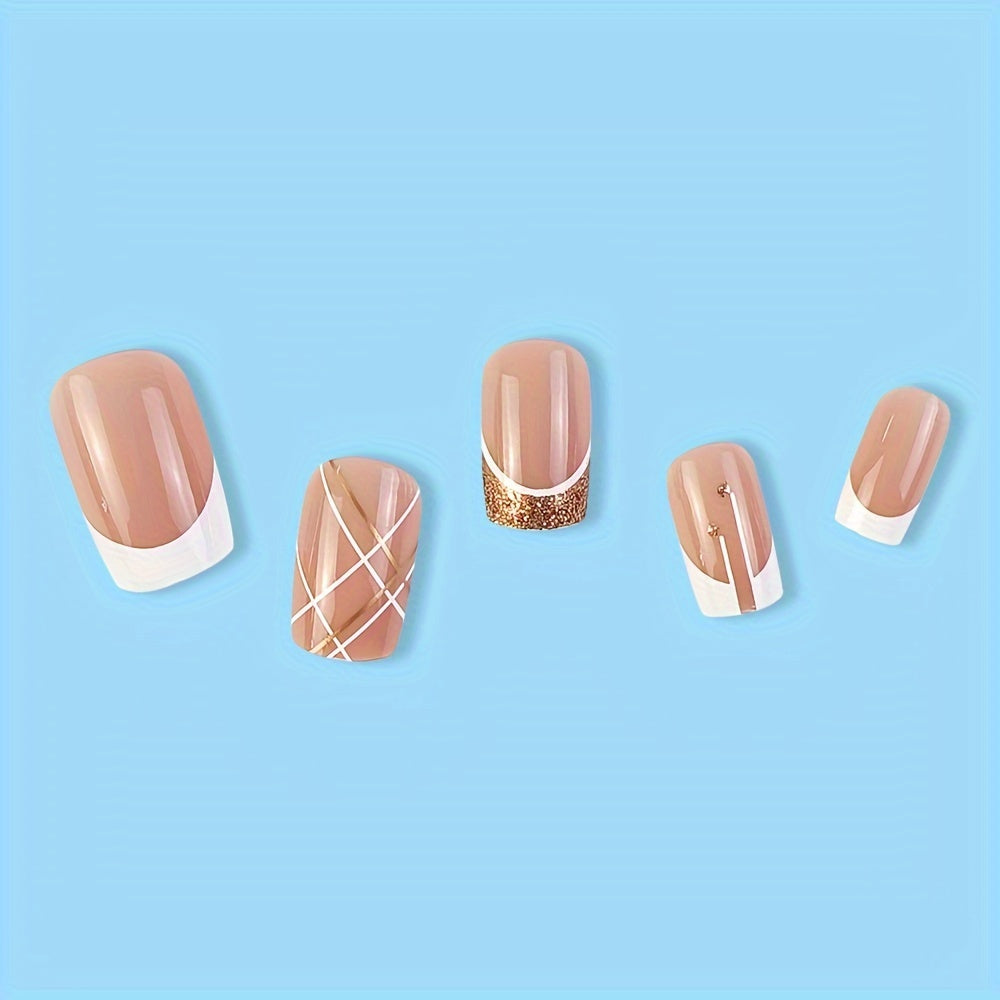 24pcs White French Tip Press On Nails - Square, Glossy, with White & Golden Line Design for Women & Girls