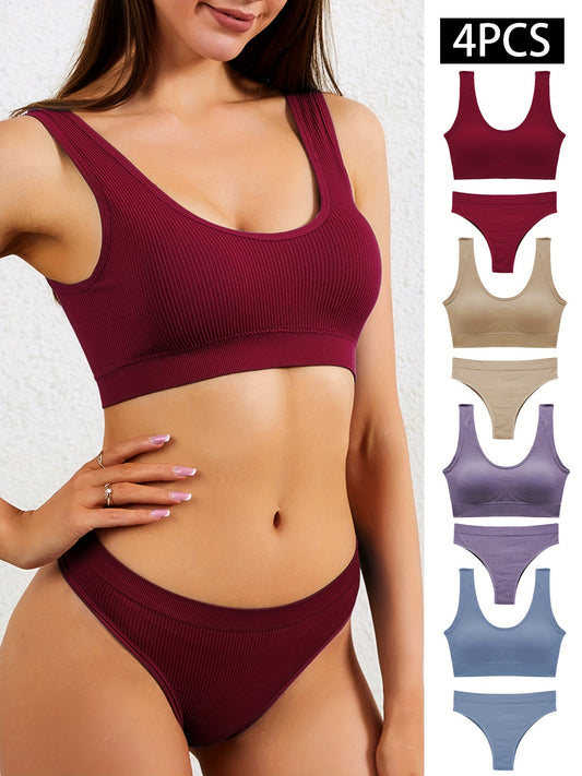 4-Pack Women's Ribbed Bra And Panty Set, Seamless, Wireless, Comfortable High Support Sport Style Lingerie - Available In Multiple Colors
