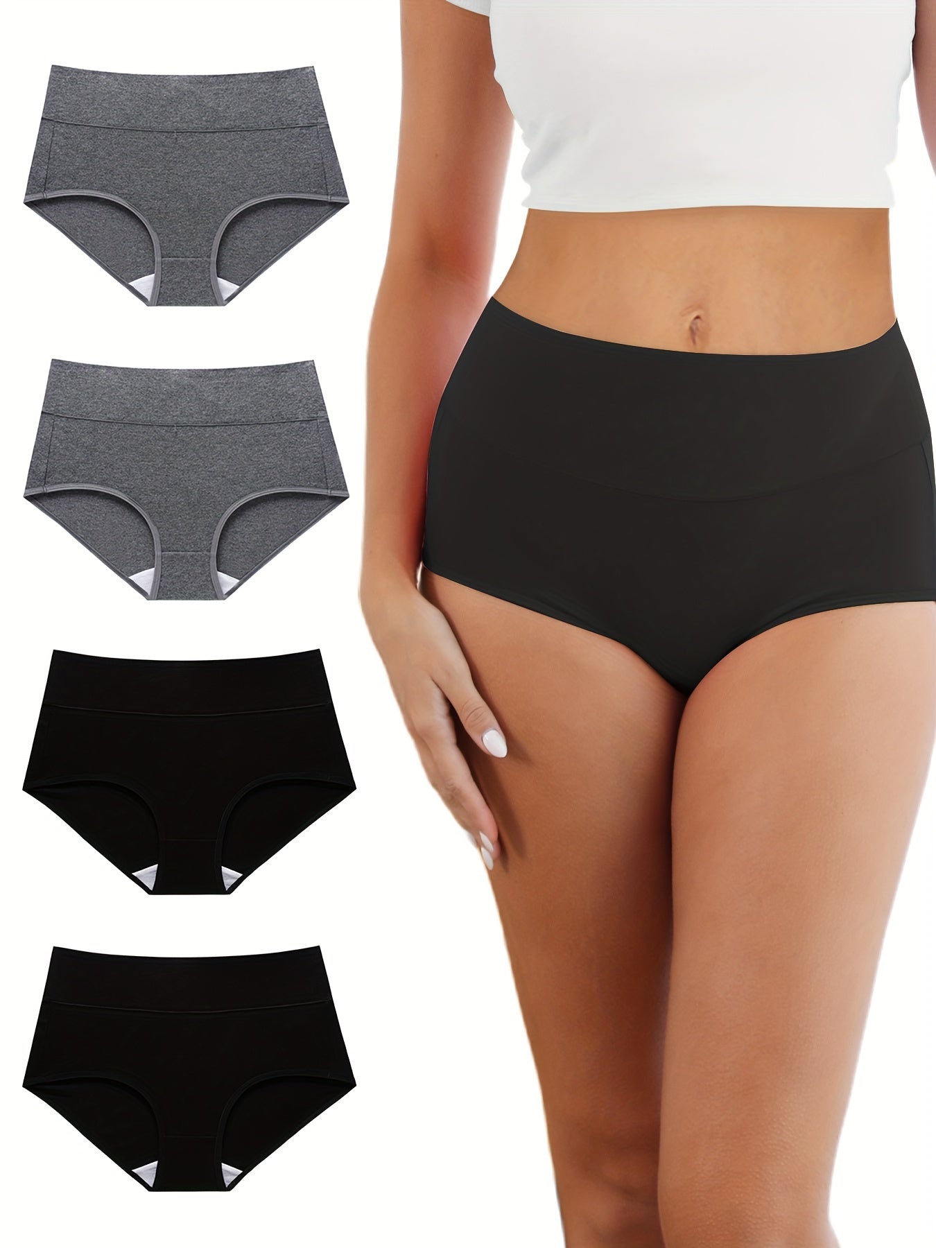 4-teiliges Damen-Höschenset in Übergröße – einfarbig, elastischer Bund, hohe Taille und atmungsaktive Unterwäsche