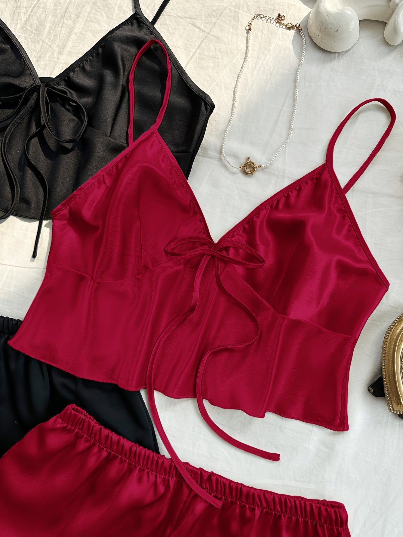Stylish V-Neck Lace-Up Crop Top & Shorts Pajama Set - 4 Pcs Sleepwear for Women, Soft Polyester, Solid Color