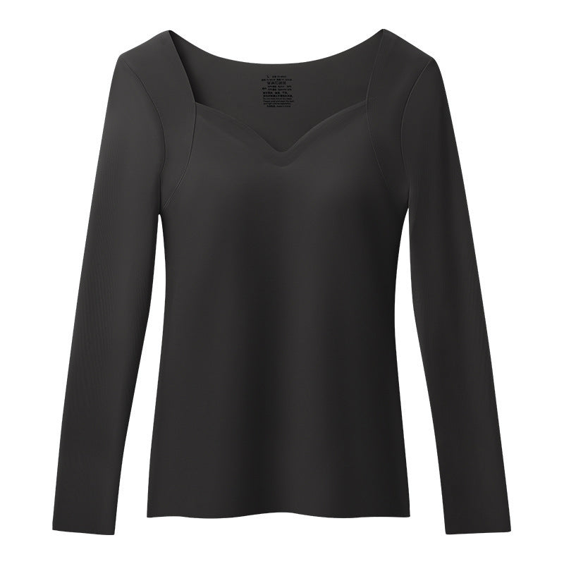 Women's Seamless Skin-Tone Thermal Top with Built-in Bra, Ultra-Thin Low Round Neck