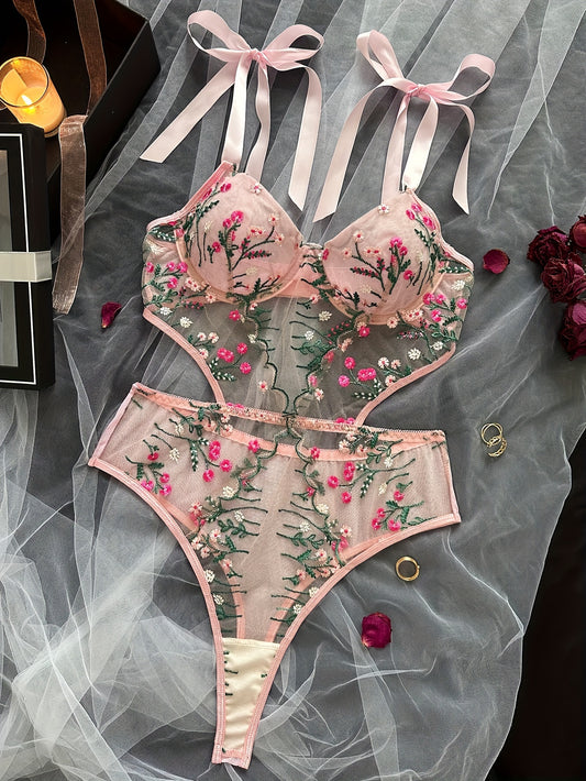 One-Piece Semi-Sheer Floral Embroidered Bodysuit - Sexy Adult Womens Lingerie for Summer