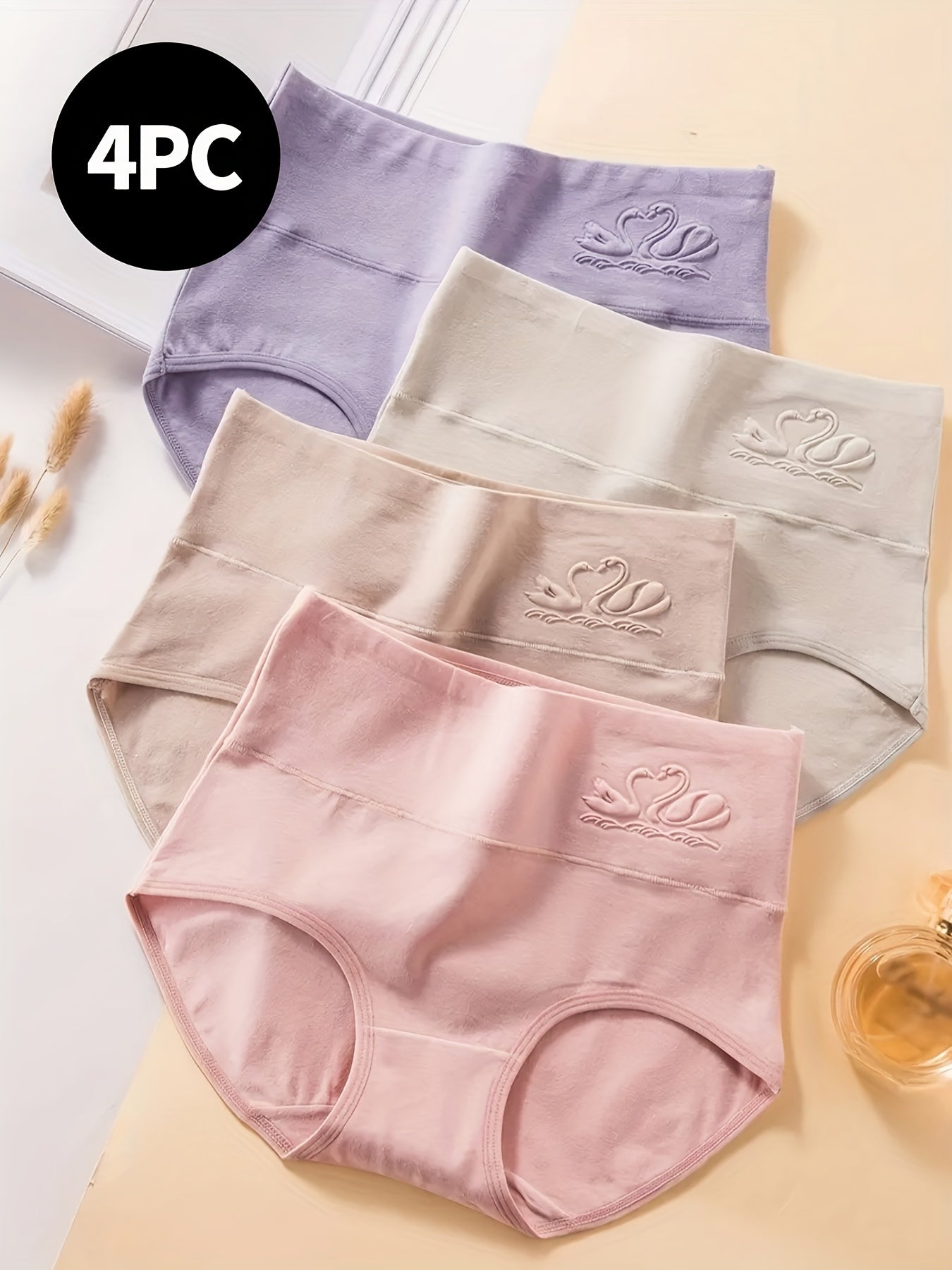 4-teiliges Damen-Höschen in Übergröße, nahtlos, hohe Taille, Bauchkontrolle, elegantes Schwanenmuster