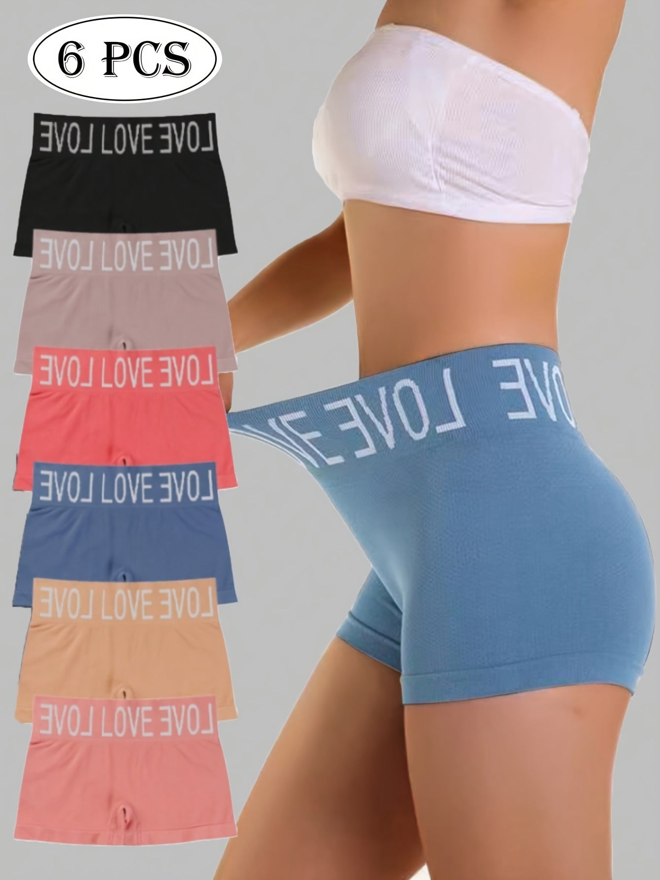 6 - Piece Seamless Letter Print Boyshorts - Comfy, Breathable & Stretchy Women's Underwear