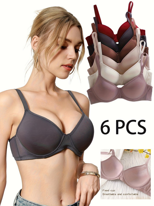 6-Pack Assorted Colors Ultra-Soft Seamless Push-Up Bras, Comfortable Everyday Supportive T-Shirt Bras for Women, Elegant Style Versatile Value Set with Breathable Cups