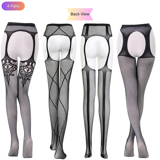 4-Pack Sexy Hollow-Out Fishnet Pantyhose Set for Women - Breathable Elastic Garter Belt Hosiery for Wedding