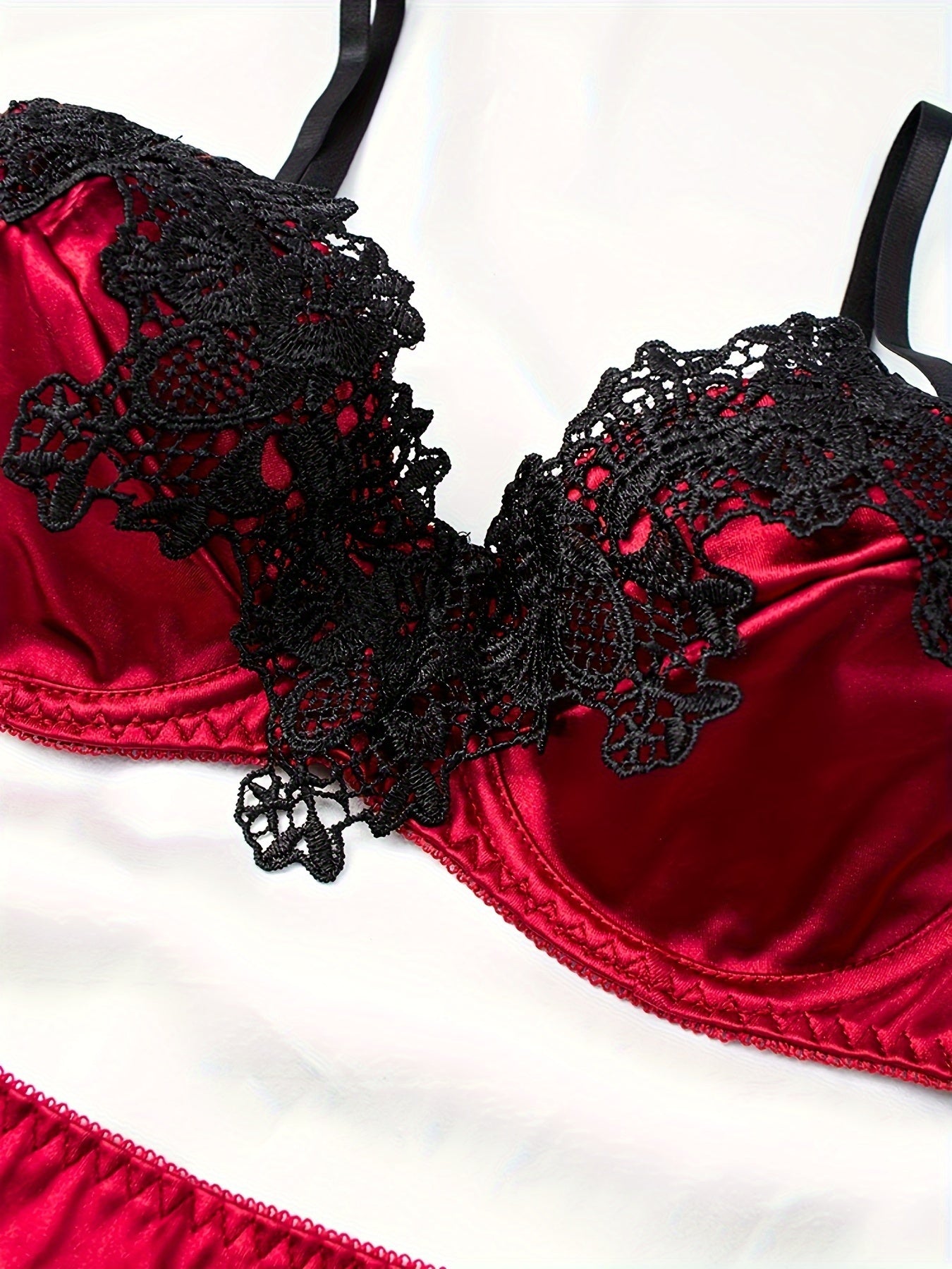 Sexy Satin Bra & Panty Set with Floral Embroidery, Push Up, Thong & Garter Belts - Women's Lingerie