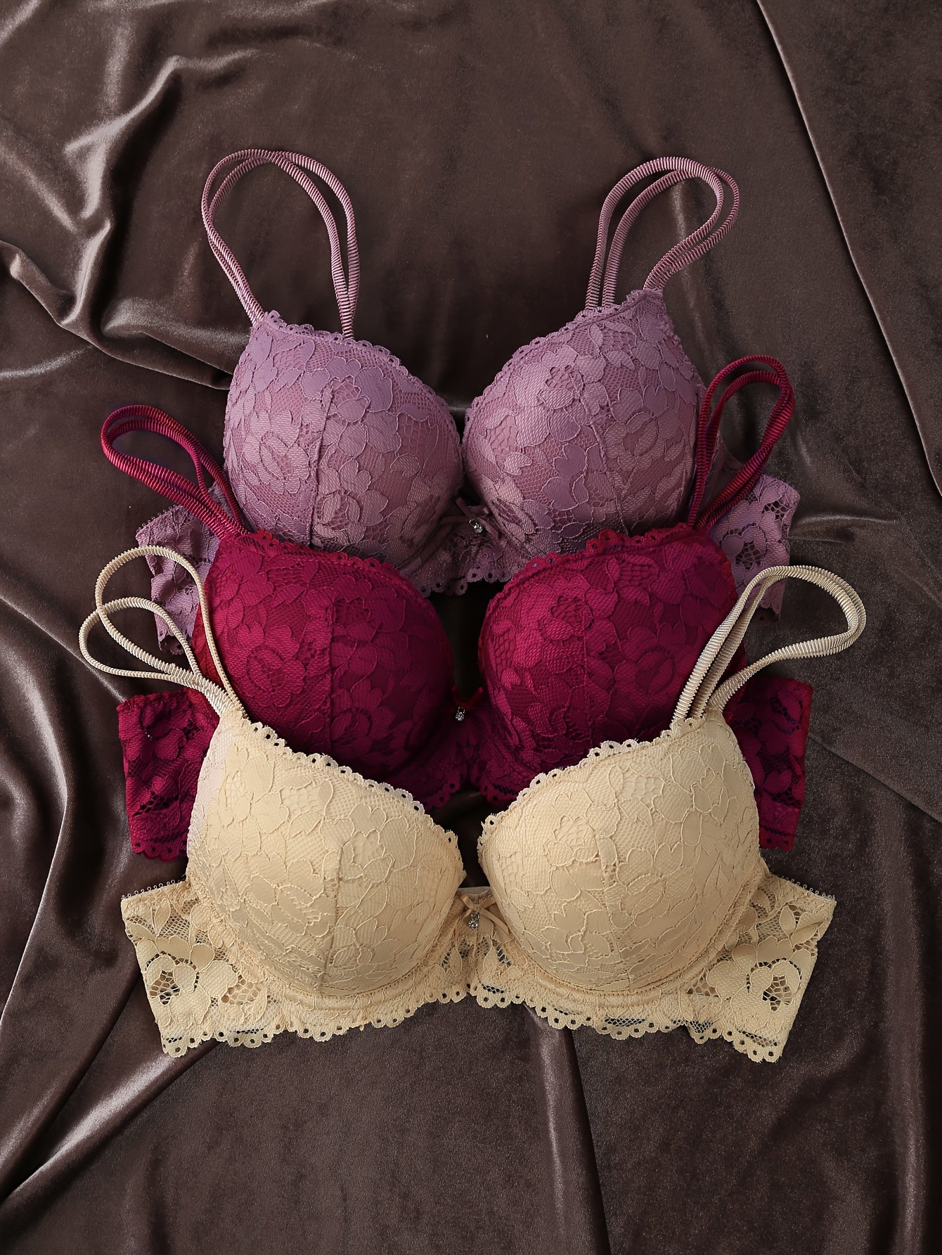 3pcs Comfy Chic Lace Push Up Bras - Women's Lingerie with Breathable Fabric, Soft Padded Cups & Adjustable Straps