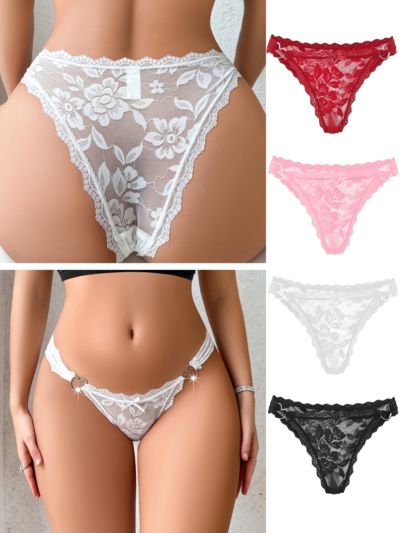 4-teilige Spitzenstrings für Damen mit Herz-Design – sexy, bequeme Höschen mit niedriger Taille