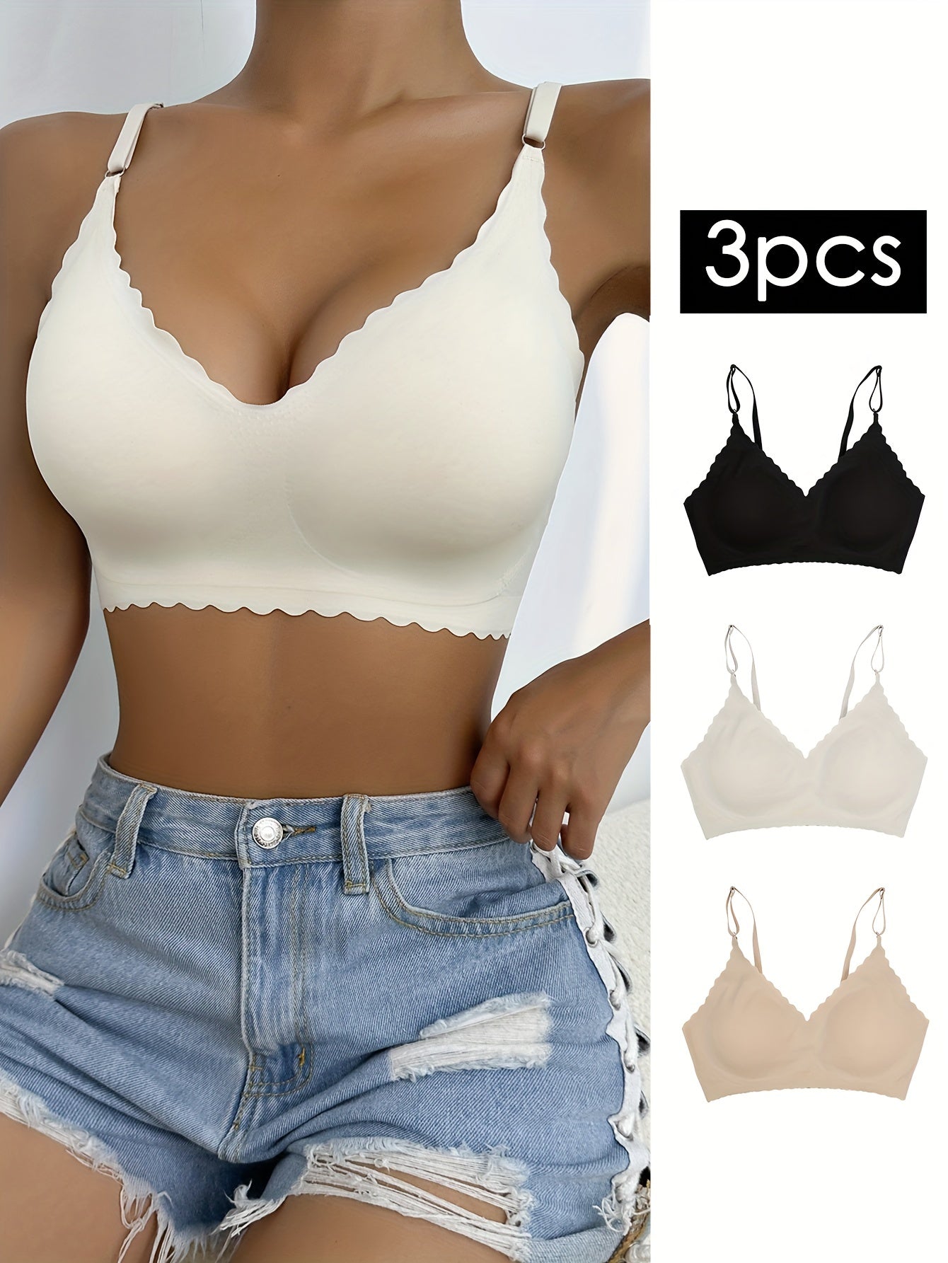 3pcs Wavy Trim Seamless Bralettes, Comfortable & Breathable Wireless Intimates Bras, Women's Lingerie & Underwear