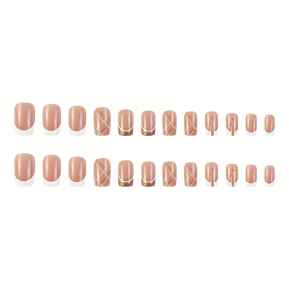 24pcs White French Tip Press On Nails - Square, Glossy, with White & Golden Line Design for Women & Girls