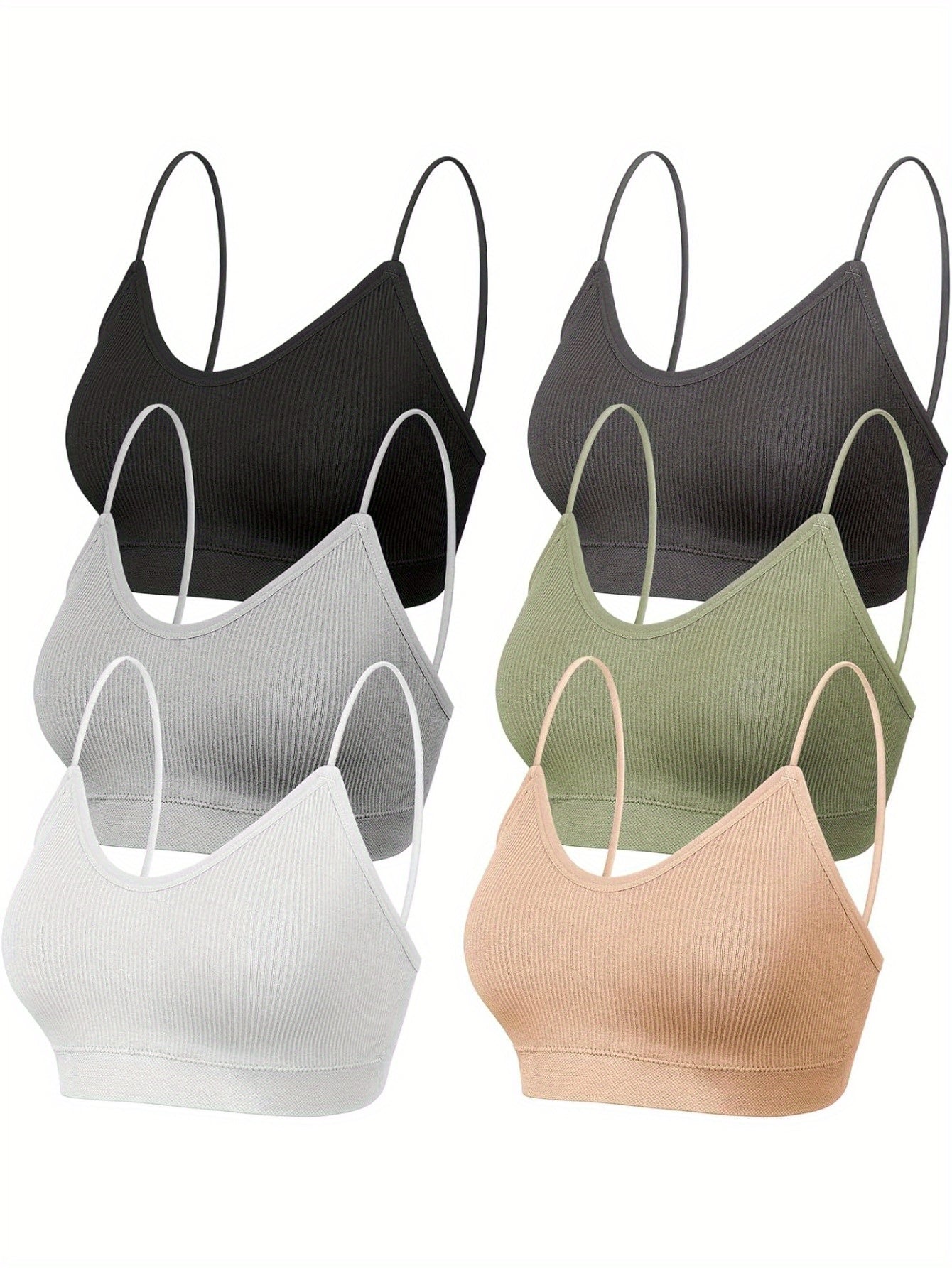 6-Piece Women's V-Neck Padded Sports Bra Pack - Cami Bando with Elastic Straps for Sleep