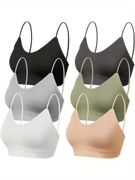 6-Piece Women's V-Neck Padded Sports Bra Pack - Cami Bando with Elastic Straps for Sleep