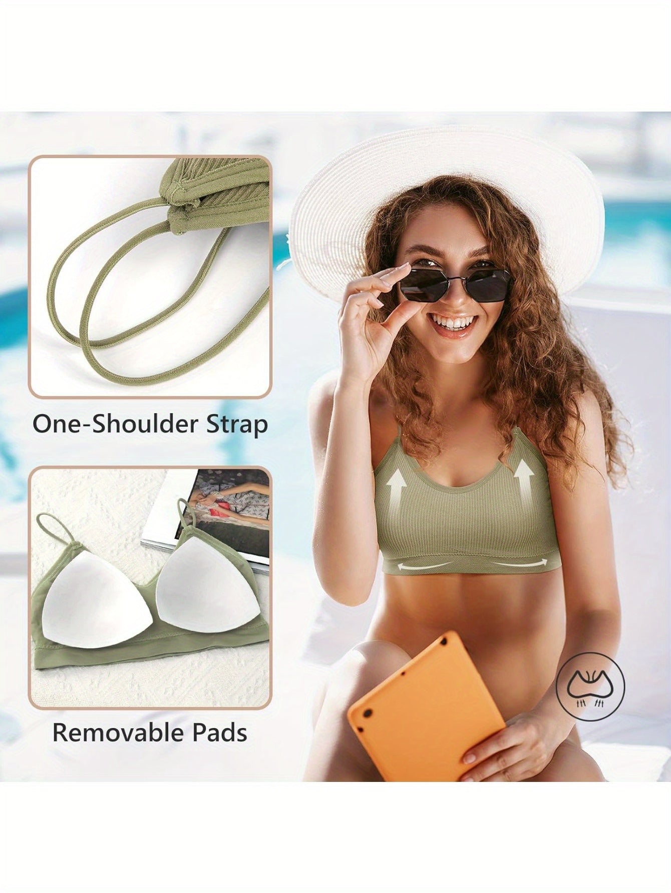 6-Piece Women's V-Neck Padded Sports Bra Pack - Cami Bando with Elastic Straps for Sleep