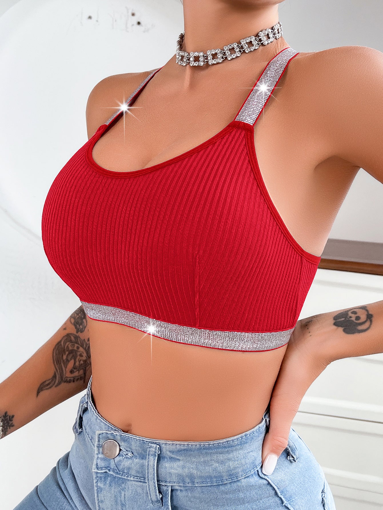 Women's Y-Back Push-Up Bra: Side Support, Outerwear Style with Silver Ribbon