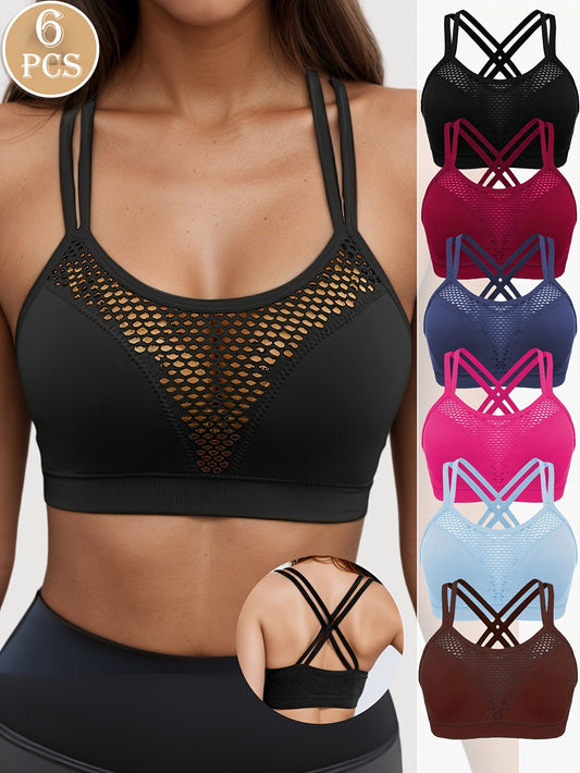 6pcs Women's Seamless Sports Bras - Cross-Back Design, Medium Support, Removable Pads, Medium Elasticity, Solid Colors (Black, Pink, Purple, Blue, Maroon, Beige) for Yoga, Gym, Casual Wear, Gym Essentials, Secondlayer Pads