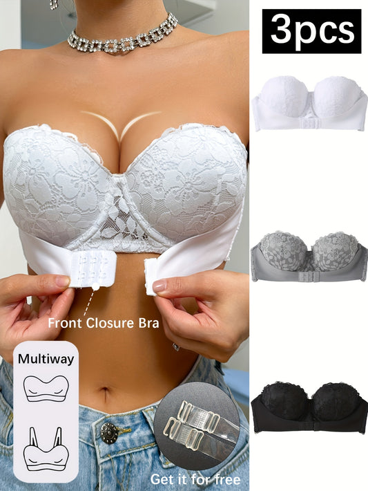 3pcs Women's Sexy Lace Strapless Bandeau Bras - Invisible Front Closure, Push-Up Support