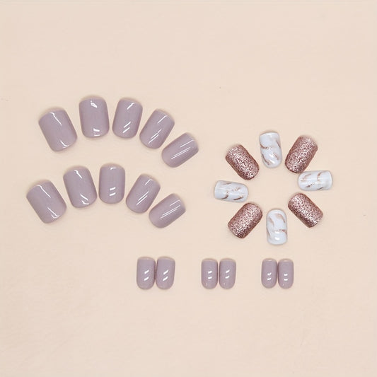 24pcs Glamour Square Press On Nails - Short Square Shape, Gloss Glitter Finish, Full Cover with File & Glue