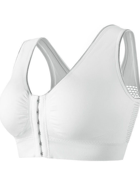 Damen-Sport-BH, Übergröße, Schnalle, vorne offen, solides, atmungsaktives Netzgewebe, kabellos, dünn, Fitness, Yoga, Lauf-BH