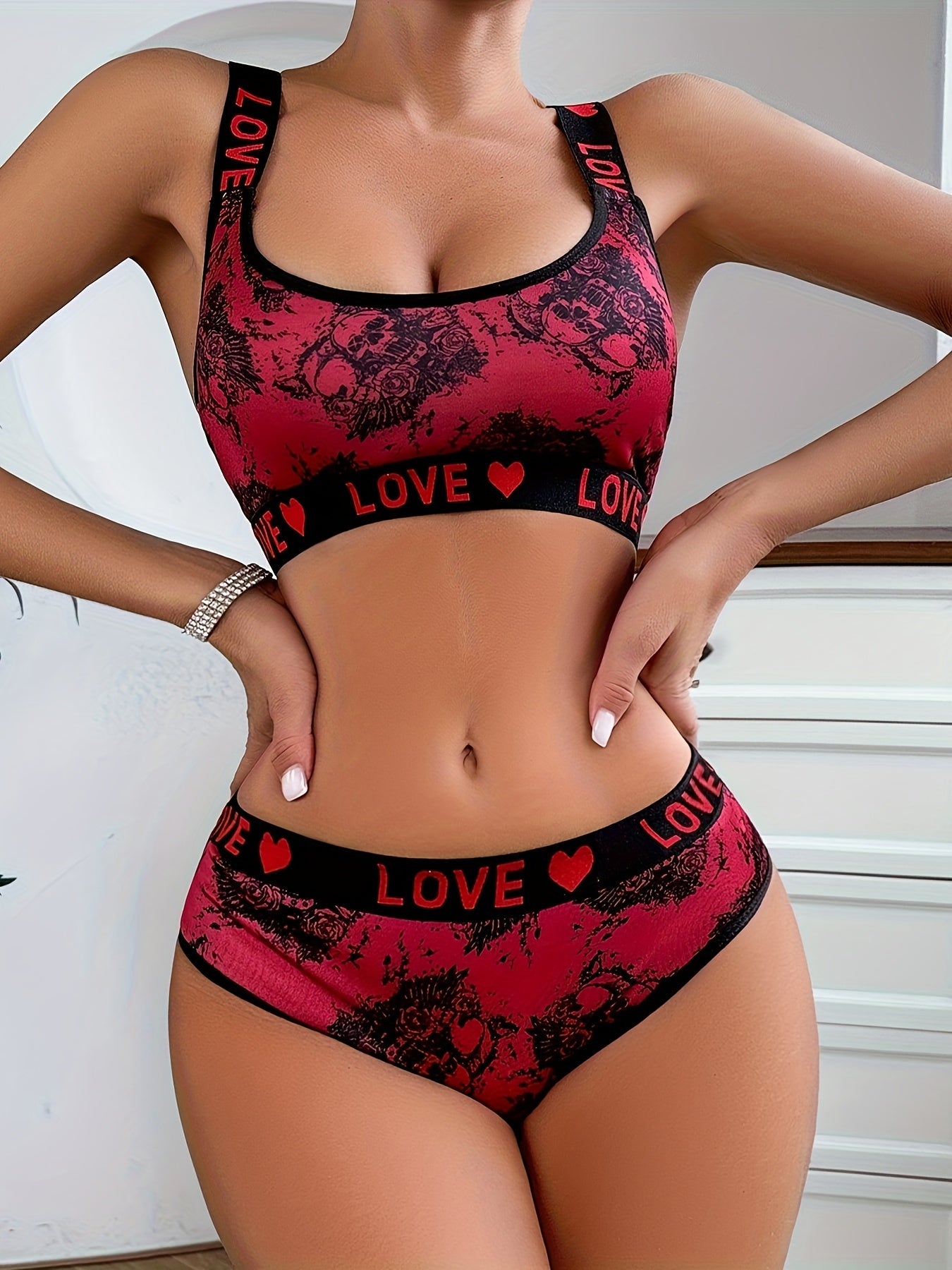 Conjunto de sujetador y braguita para mujer con estampado gótico vibrante: temática de Halloween, suave y cómodo.