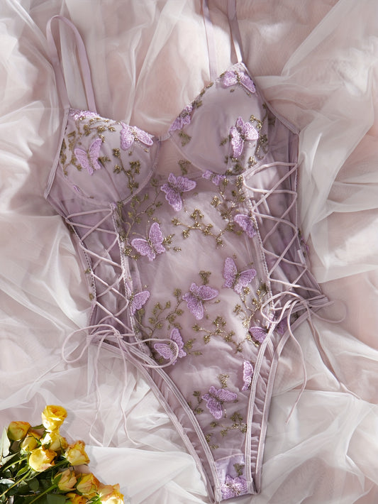 Hot Butterfly Embroidery Mesh Teddy - Women's Sexy Lace Up Plunging Backless Bodysuit Underwear