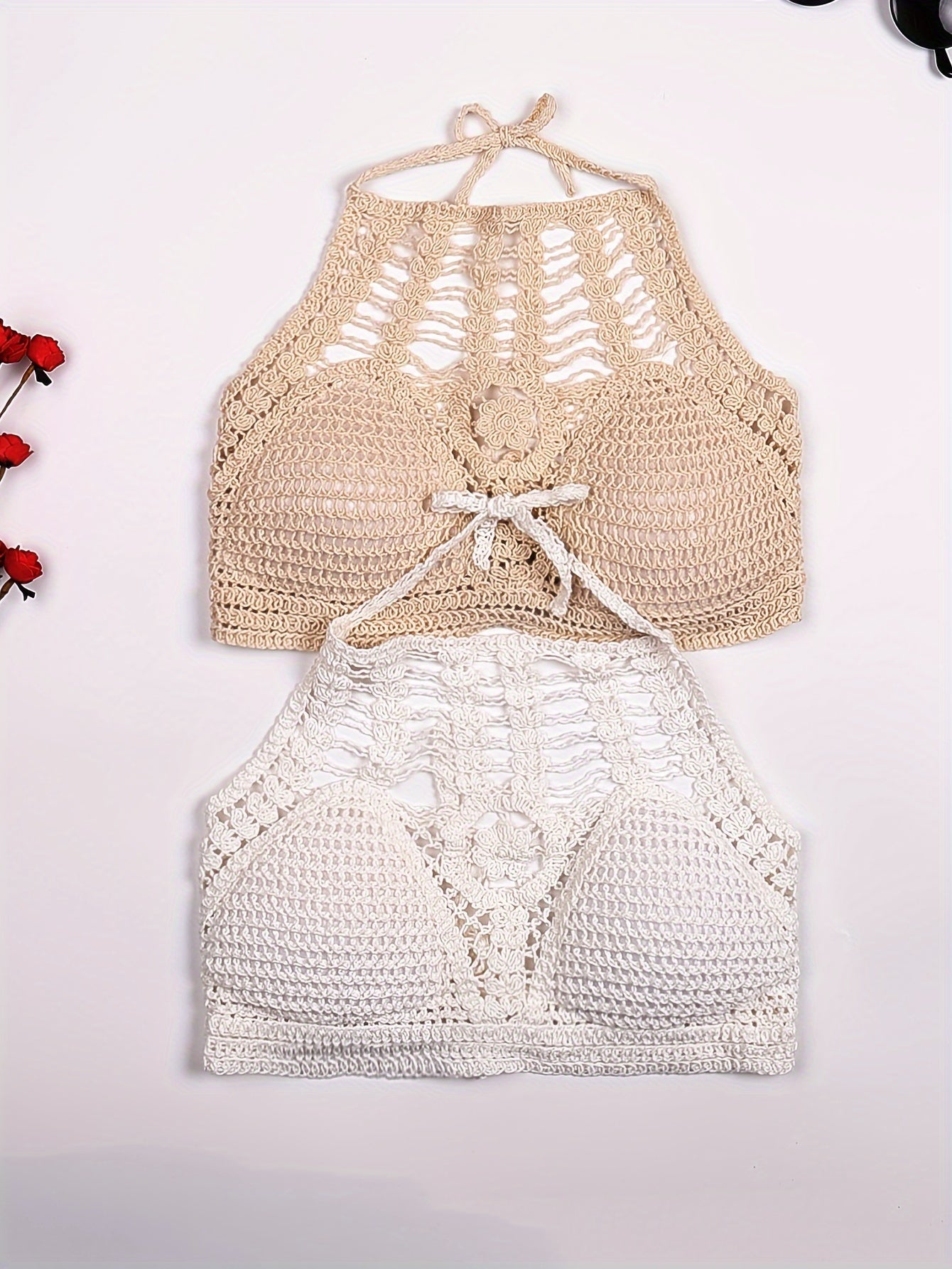 2-teiliges Neckholder-Top mit ausgehöhlten Häkeldetails, rückenfreies Boho-Strandtop mit Polsterung zum Binden, Bademode und Kleidung für Damen