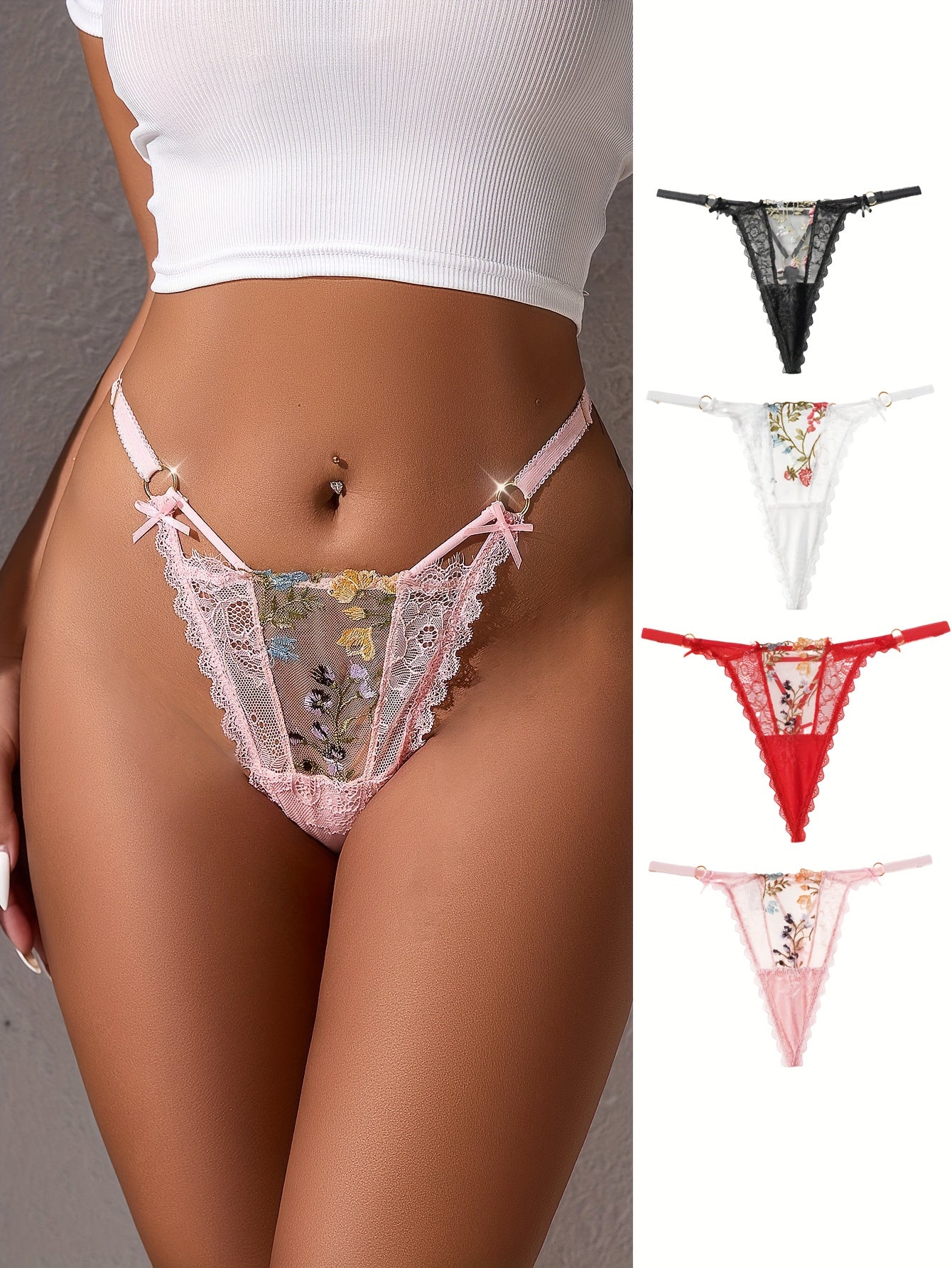 4-Pack Floral Lace Thongs: Adjustable Waist, See-Through Bow Detail