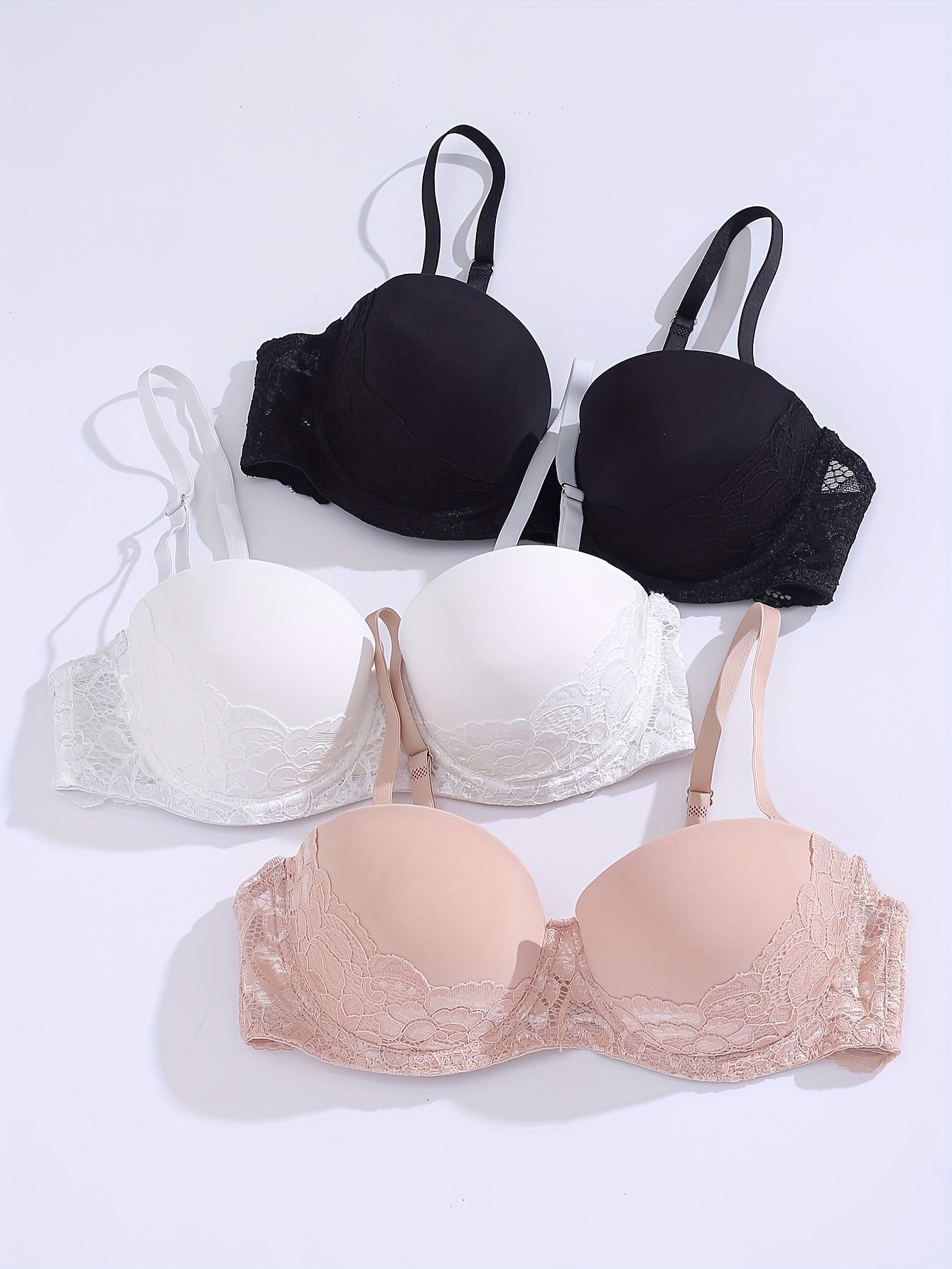 3pcs Push Up Lace Balconette Bra - Anti-Sagging, Everyday Lingerie for Women
