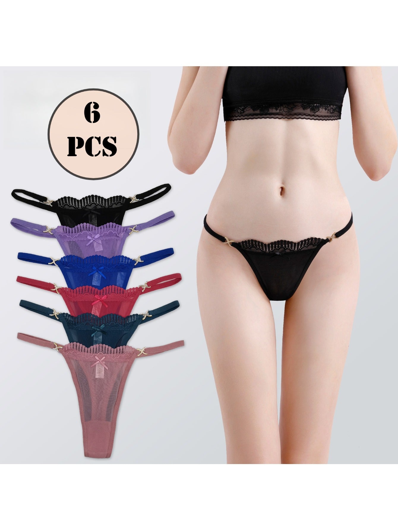 6-Pack Women's Lace Thongs: Seamless, Soft & Stretchy with Bowknot Waist