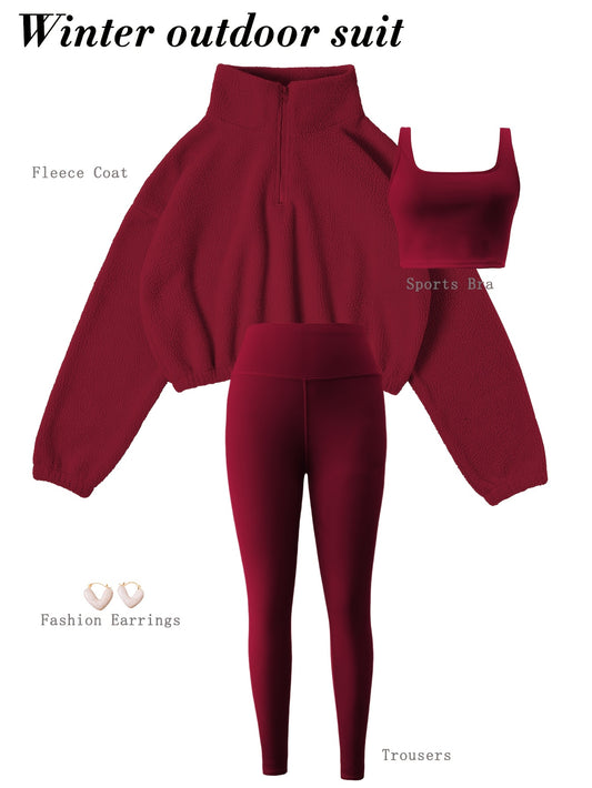 3pcs Maroon Fleece-Lined Yoga Outfit Set
