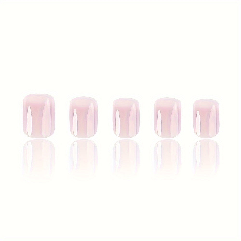 24 Pcs Gradient French Tips Press-On Nails, Glossy Short Squoval Acrylic Artificial Nails, Pink And White Reusable Fake Nails Set With Adhesive Tabs